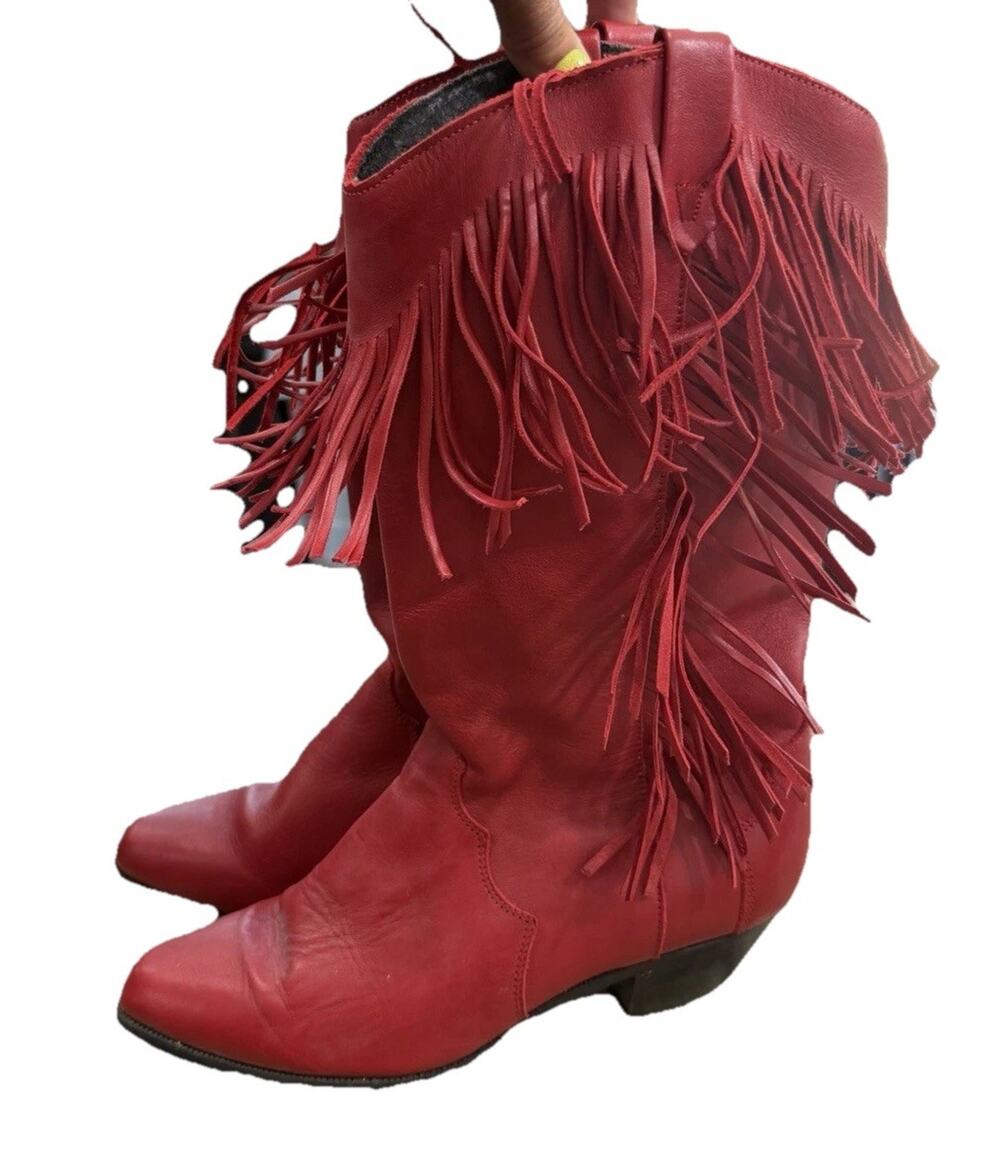 Red Fringe Tassel Western Boots Women's Size 7.5 Cowgirl Festival Boho Chic Styl